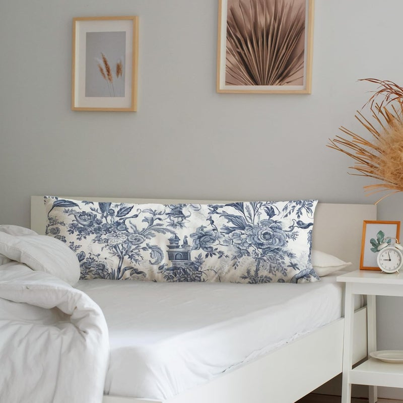 Exqcom Store Vintage Toile de Jouy Floral Body Pillow Covers 20x54, Blue and White Room Dorm Decor, Elegant Classical French Botanical Long Body Pillow Case Cover with Hidden Zipper for Women Men Adults - Image 3
